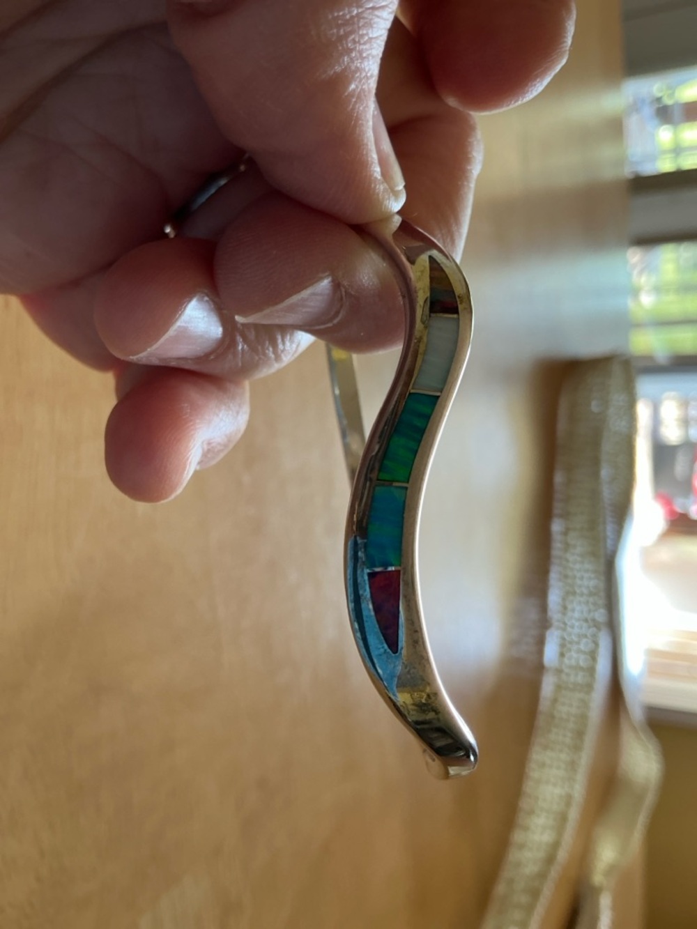 Sterling Silver Wave Bracelet with Turquoise, Green & Red Inlay